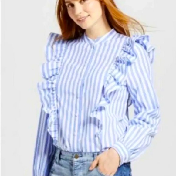 Who What Wear Blue Striped Button down Ruffle Top - Picture 2 of 5